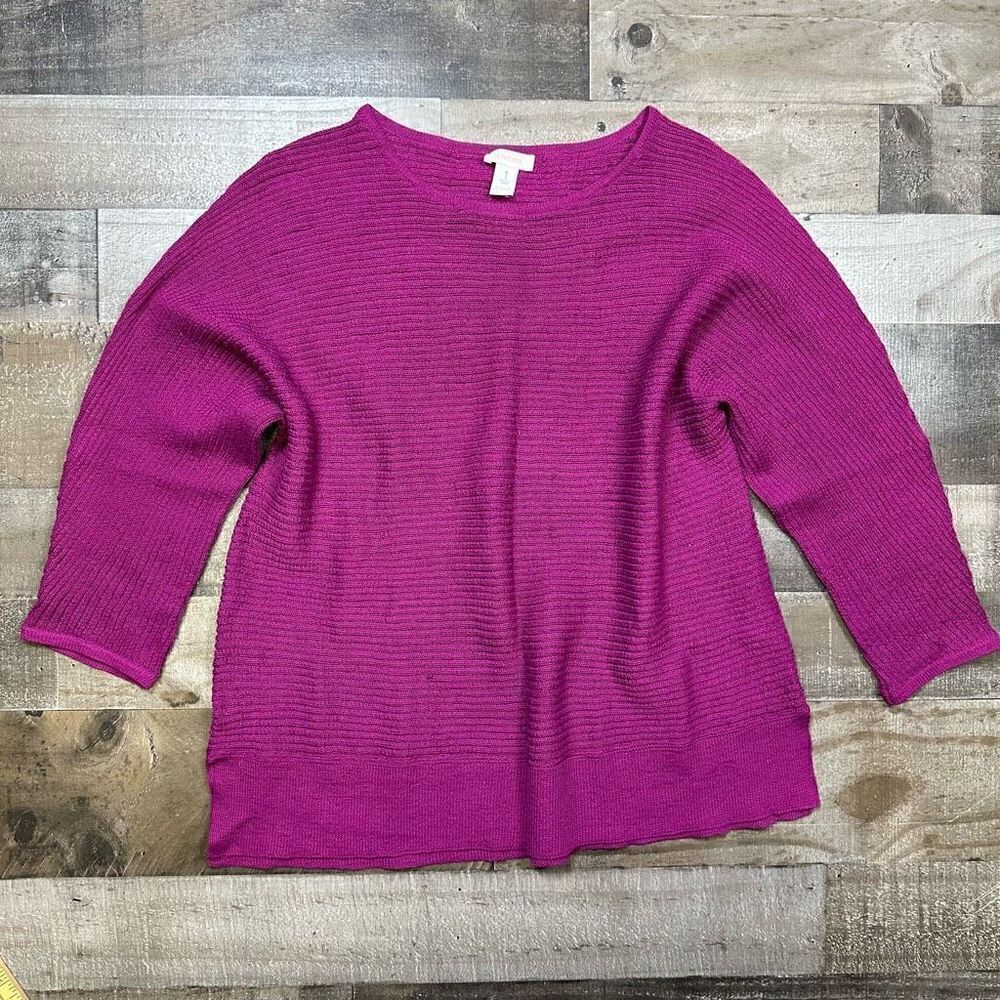 Chico’s Women’s Size 1 Sweater Fuschia Pink Crew Neck Knit Ribbed 3/4 Sleeve